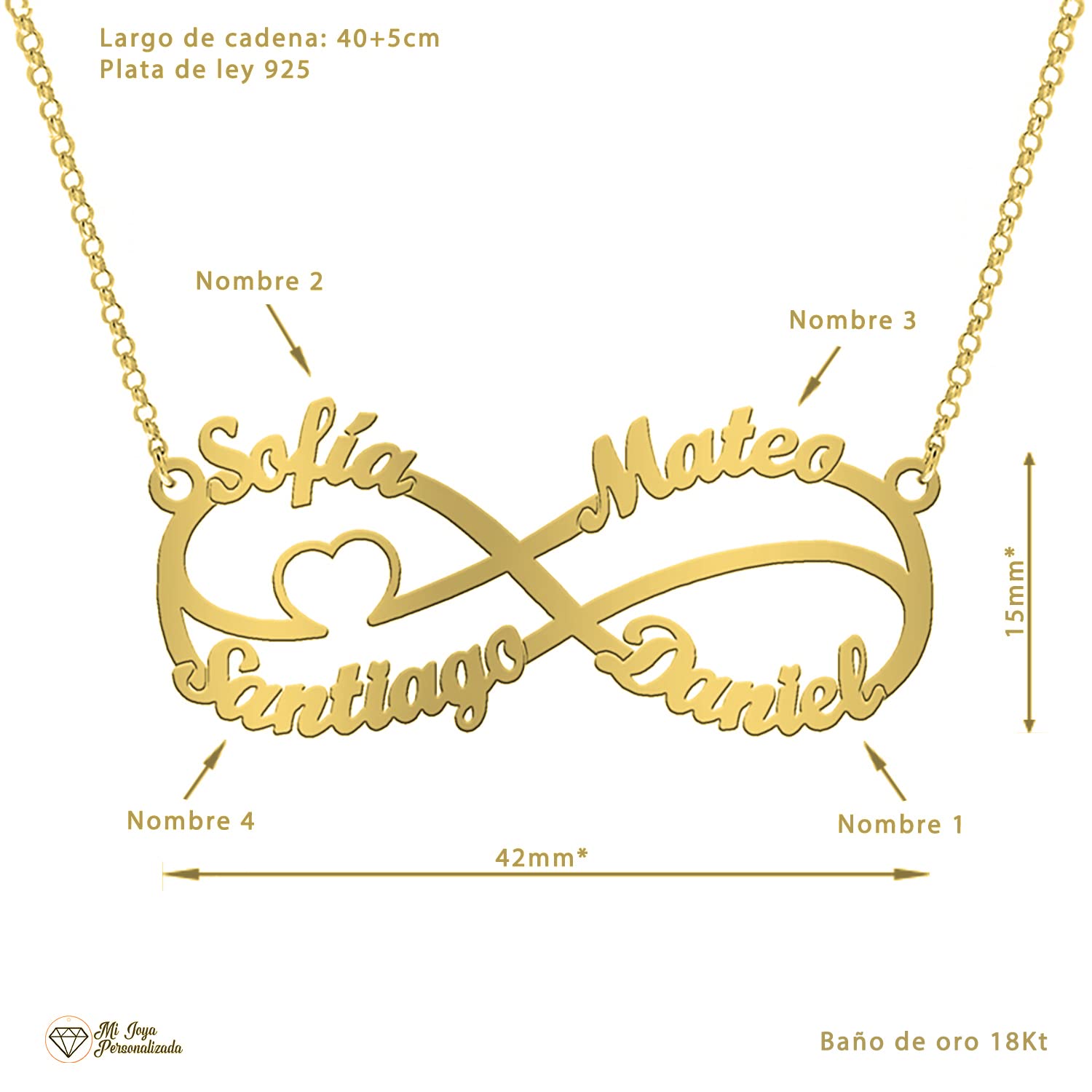 Collar Infinito Mujer Plata de Ley con Corazón personalizado con hasta 5 nombres Regalo para Novia, Madre, Abuela o Día de Enamorados o Navidad