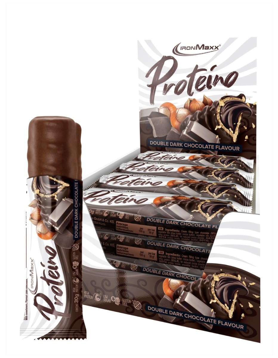 IronMaxx Proteina, barretta proteica a base di cialde con ripieno cremoso, barretta proteica ridotta zucchero, gusto Double Dark Chocolate 30g (confezione da 12)