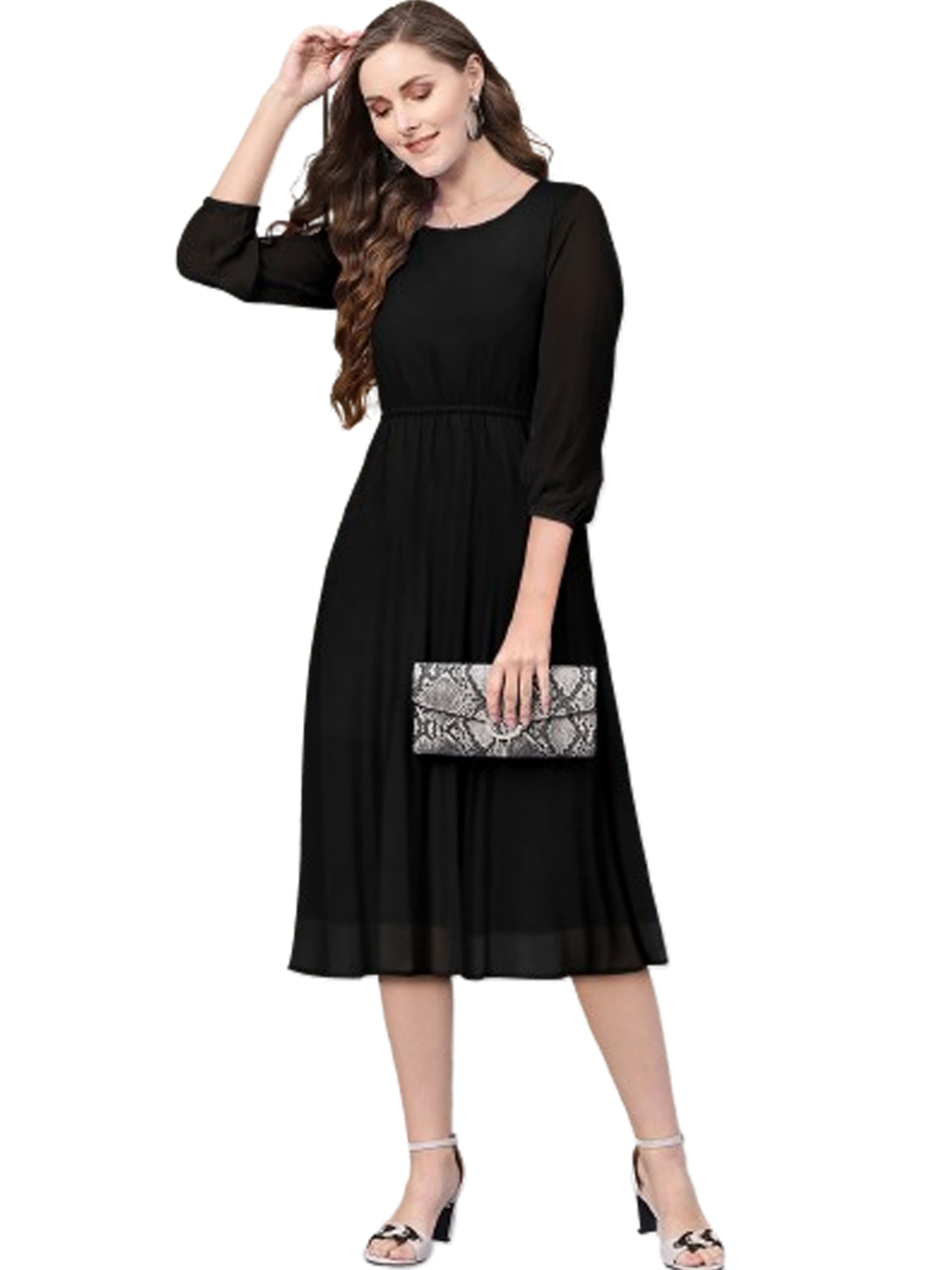 Toochki Women's Black Georgette Solid Fit & Flared Regular Fit Western Below Knee Length Kurti A Line Style Summer Wear Kurti Trendy Colour Midi Type Kurti