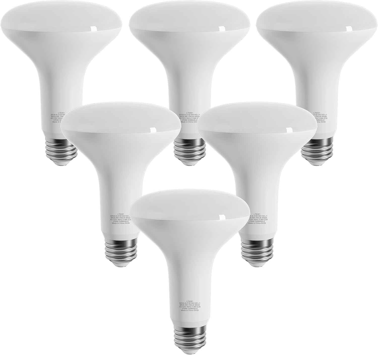 LED Flood Light Bulbs, Dimmable 750LM BR30 LED Bulb, 5000K Daylight 8W(65W Equivalent), CRI80, 15000 Hours, E26 Base Recessed Light Bulbs, 6 Pack 8w-5000k 6PK