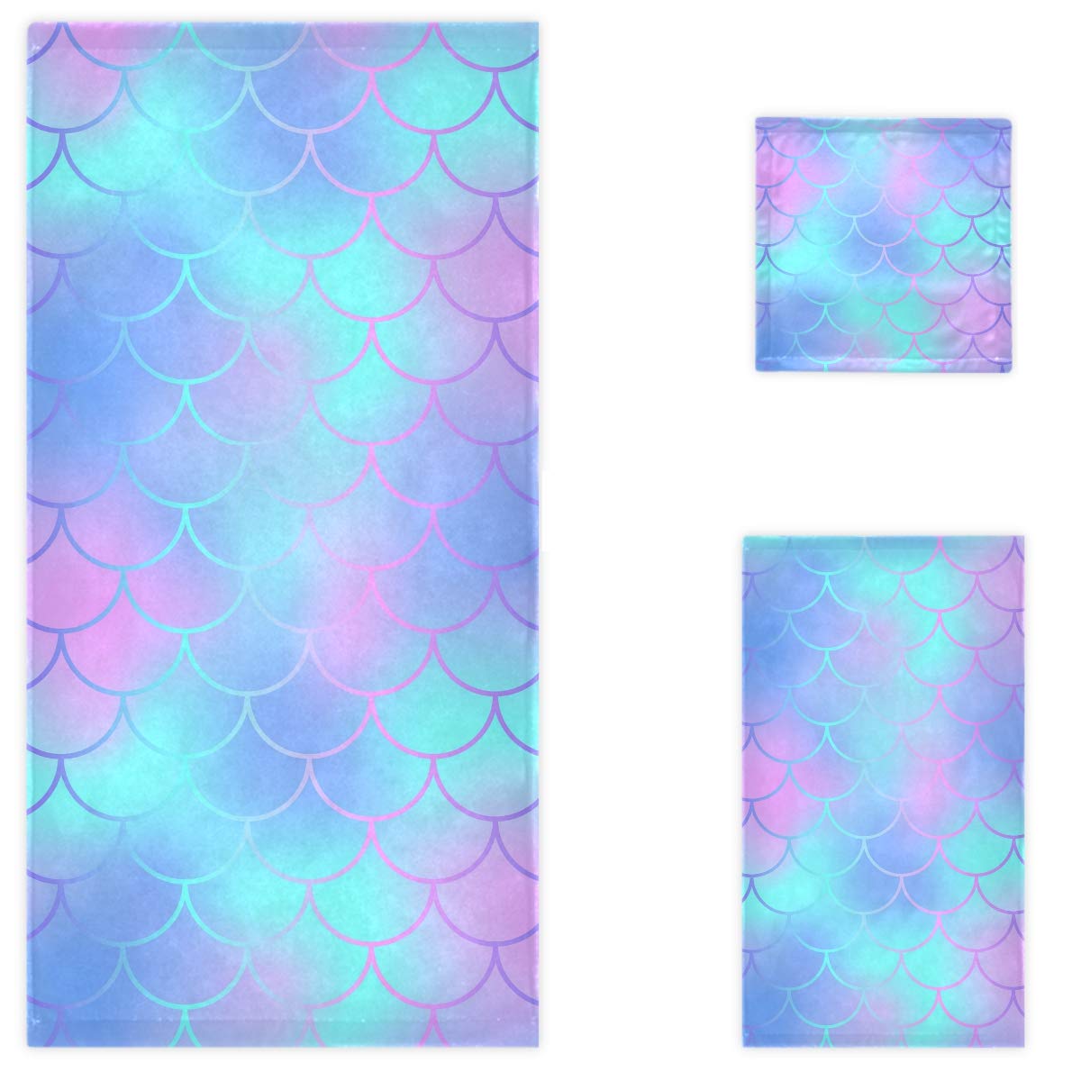 Naanle Magic Beautiful Mermaid Scale Pattern Soft Luxury Decorative Set of 3 Towels, 1 Bath Towel+1 Hand Towel+1 Washcloth, Multipurpose for Bathroom,