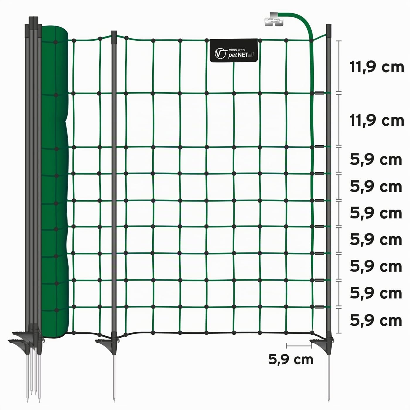 VOSS.PET Rete elettrificabile Pet.Net, per Piccoli Animali, Altezza 65 cm, Lunghezza 12 m, 9 Pali Neri, Colore Verde