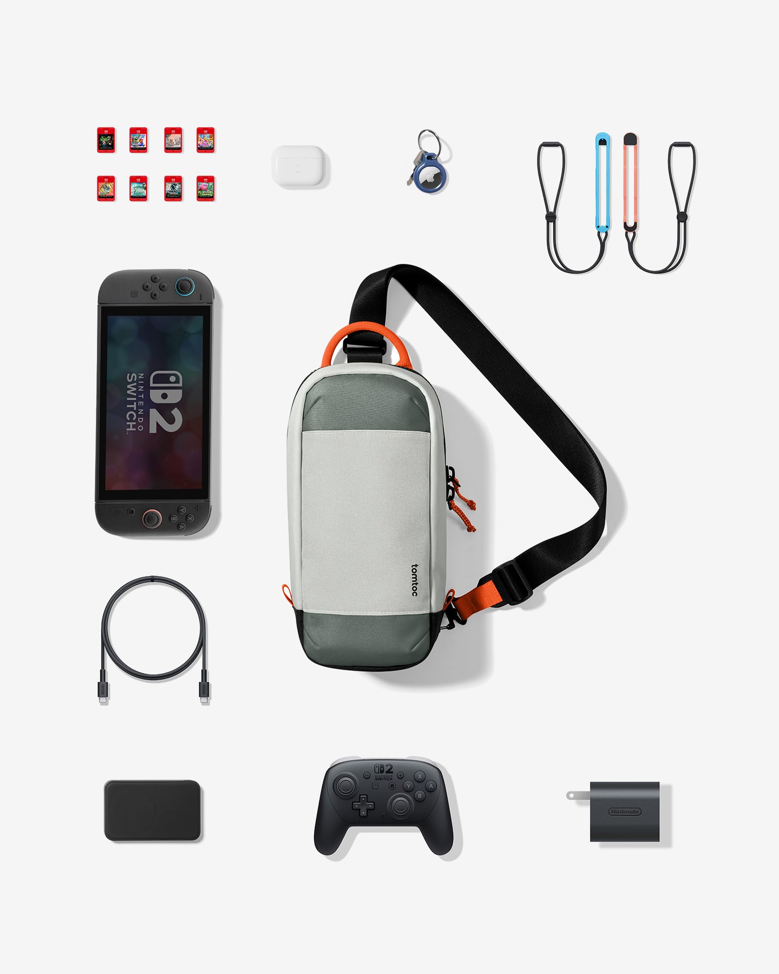 tomtoc Bandolera Bolso Sling Bag compatible con Nintendo Switch 2 Console 2025, Bolsa protectora Funda portátil de viaje para juegos con 8 ranuras para cartuchos, cargador y accesorios, Gris