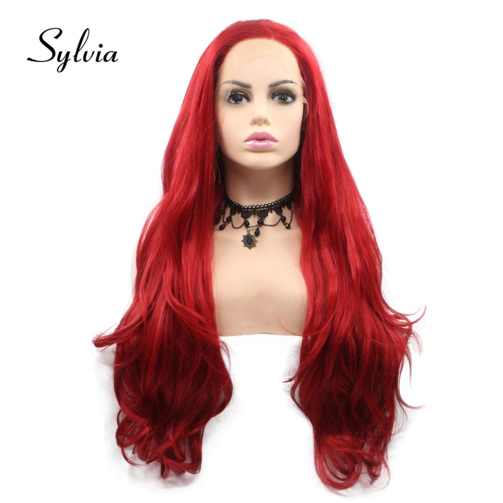 sylviaHot Red Natural Wave Synthetic Lace Front Wig Free Parting Half Hand Tied Heat Resistant Fiber Replacement Hair for Woman
