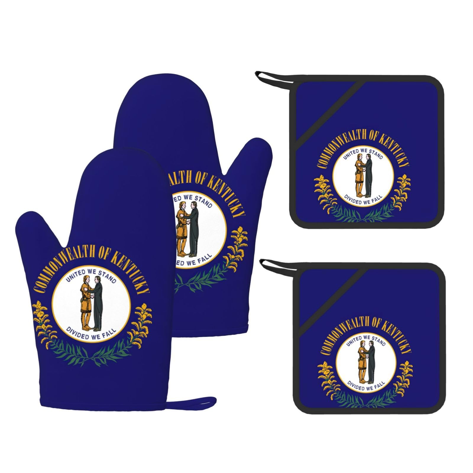 Kentucky State Flag Printed Oven Mitts with Pocket and Hot Pads, Silicone Non-Slip Kitchen Gloves for Baking BBQ