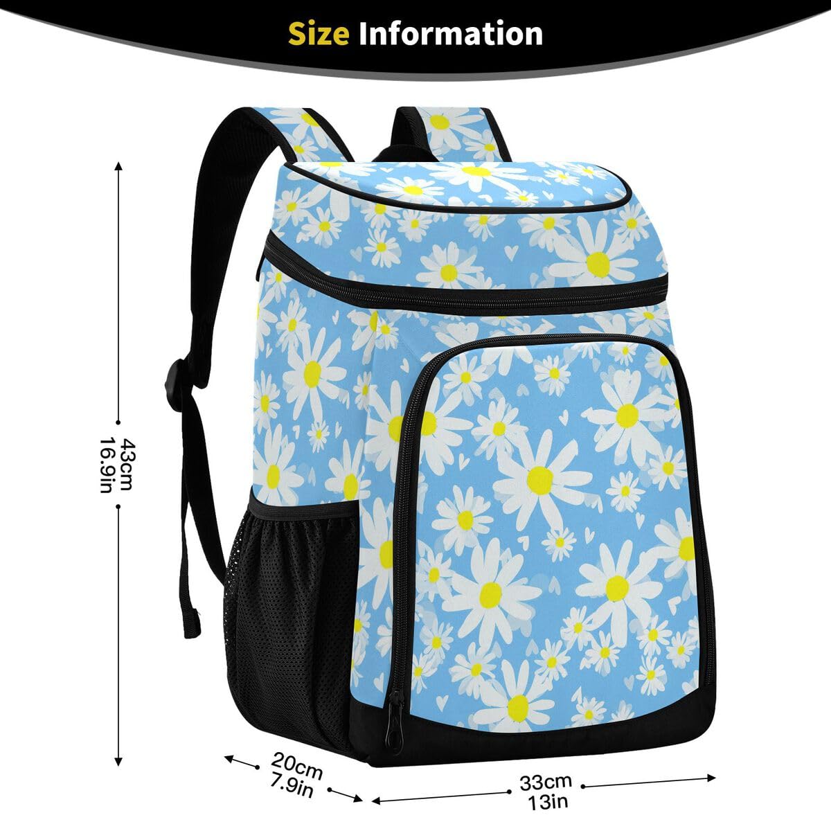 Daisy Flower Blue Cooler Backpack Leakproof Insulated Lunch Cooler Bag 30 Cans Camping Backpacks for Picnic Road Trip Beach