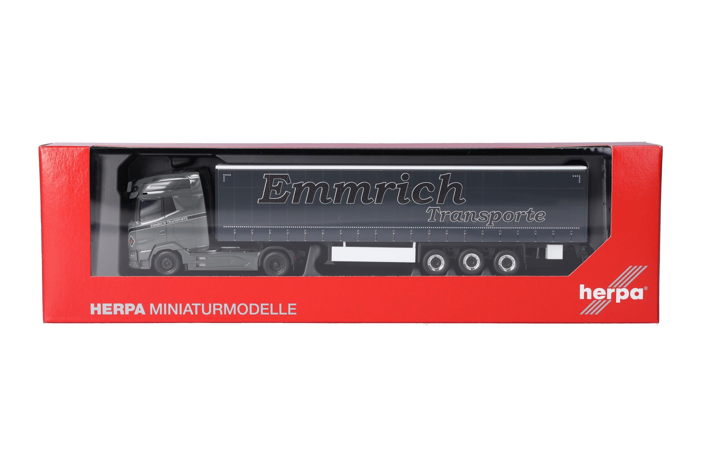 Herpa model ciężarówki DAF XG+ zestaw z naczepą kurtynową „Emmrich Transporte”, miniatura w skali 1:87, model kolekcjonerski, Made in Germany, tworzywo sztuczne