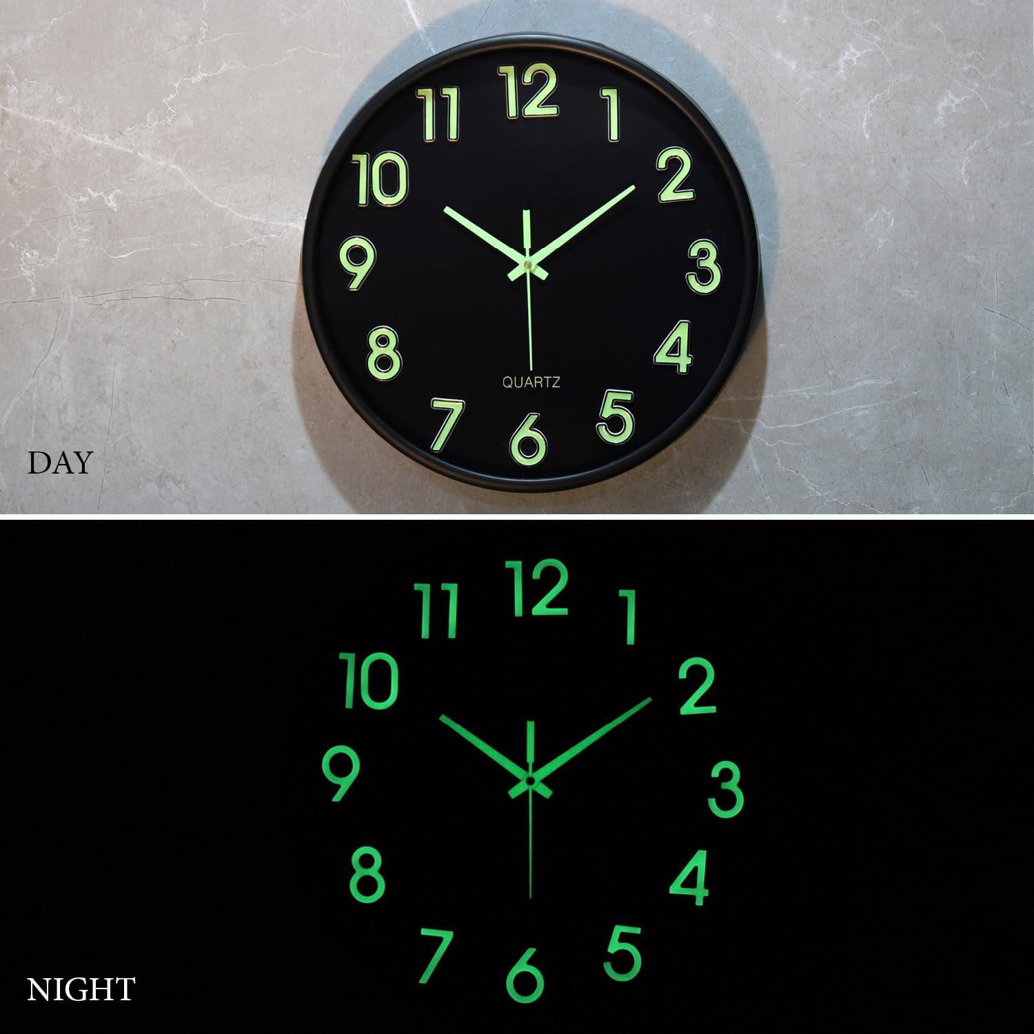 Amazon Brand- Solimo 12-Inch Analog Wall Clock – Luminous Night Glow-in-the-Dark Design, Radium Dial, Silent Non-Ticking Sweep