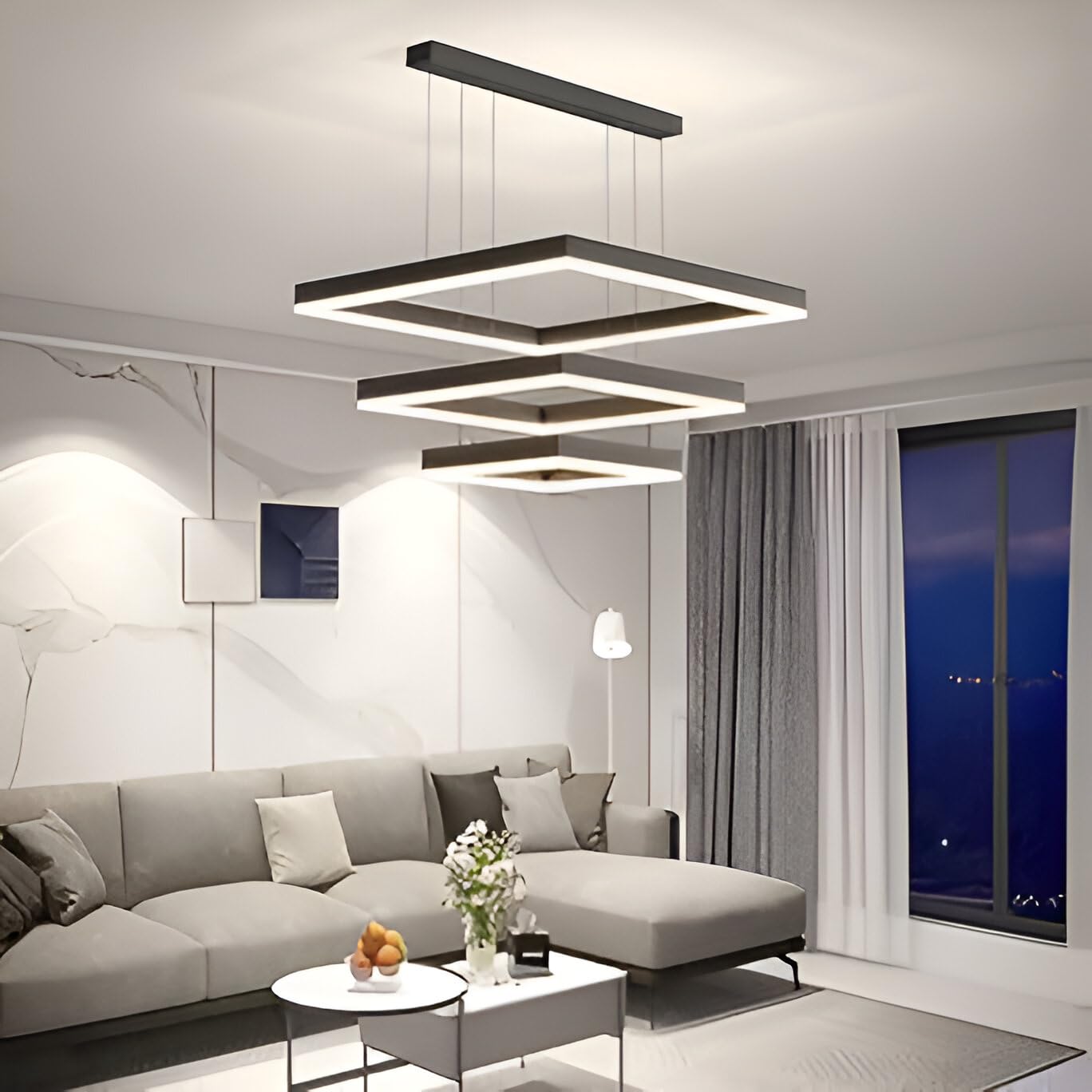 Lampadario Led a Sospensione Soffitto Design Moderno Quadrato Luce Calda Fredda Dimmerabile Con Telecomando e App Cellulare Lampada Soggiorno Salotto Cucina Camera Da Letto 5500LM 90W 60 Cm Nero