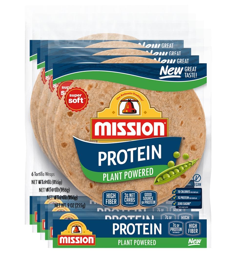 Generic Mission Super Soft Protein Plant Powered Tortilla Wraps, 9 oz, 6 Count 4 Packs (24 Tortillas) 2g Net Carbs, High Fiber