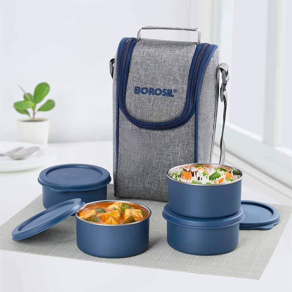 Borosil Microwave Safe Steel Lunch Box with Bag for Office Men & Women