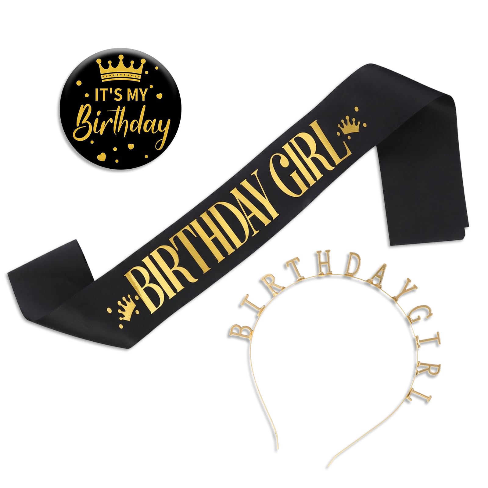 Lufdegim 3 Pcs Its My Birthday Badge Birthday Headband and Sash Princess Headband for Party Decoration (Black)