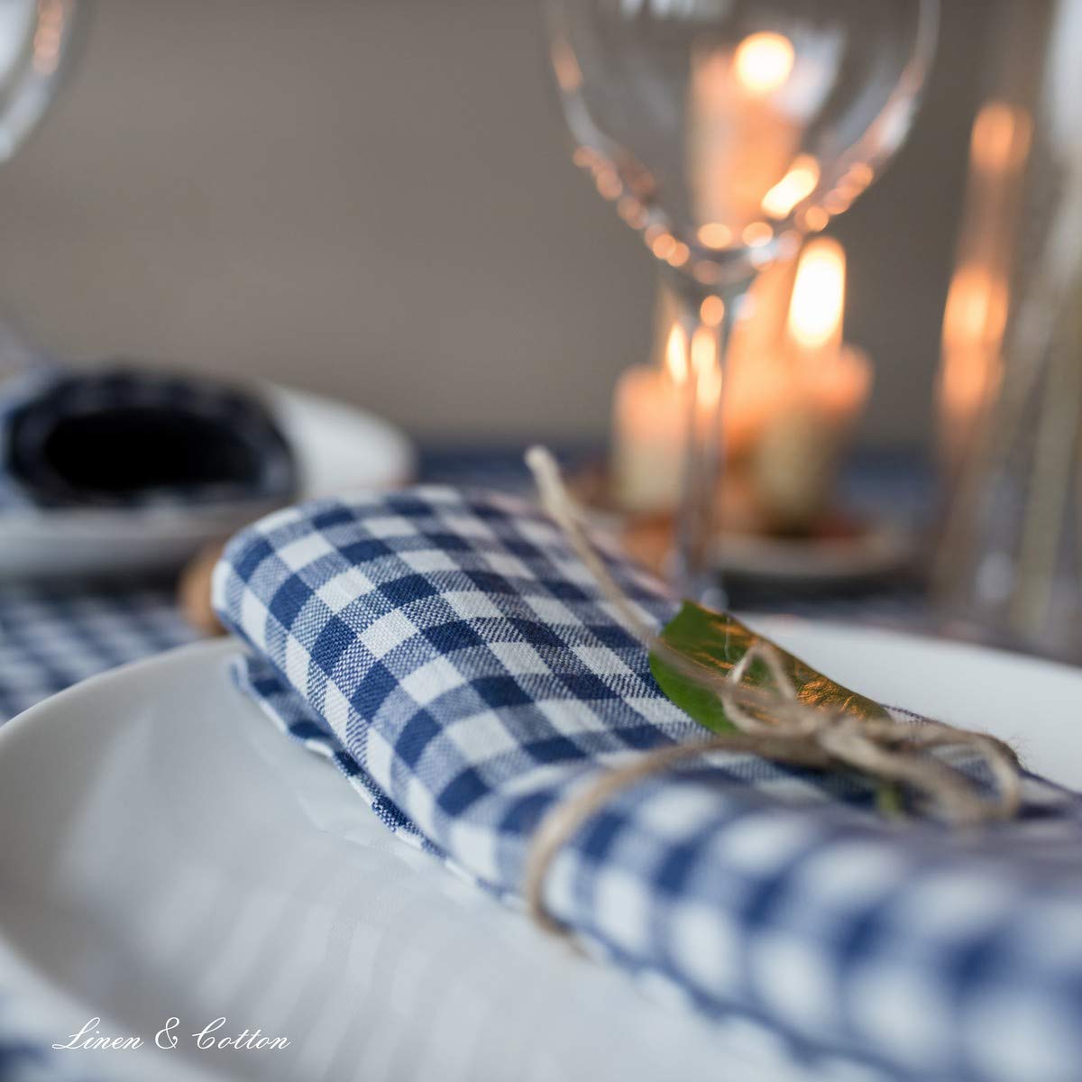 Linen & Cotton Juego de 4 Servilletas de Tela a Cuadros Estella - 100% Lino, Blanco Azul (32 x 32 cm) Suaves Lavable Rústico para Hogar Mesa de Centro de Madera Restaurante Picnic Verano Pascua País