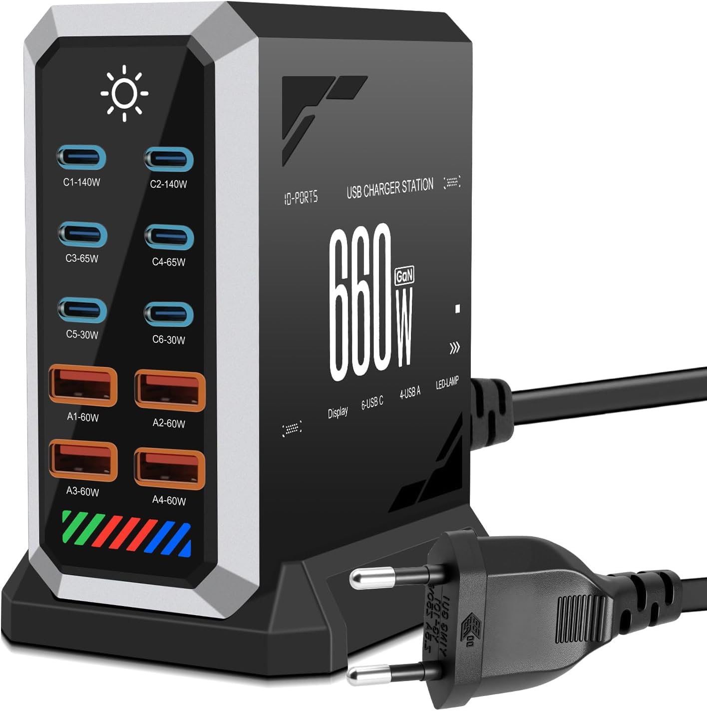 Gan Power - Caricatore USB C multiplo, 660 W, 10 porte, stazione di ricarica con 6 USB C + 4 porte USB A, per MacBook Air, iPad, iPhone 17/16/15/14, Galaxy S22 S20