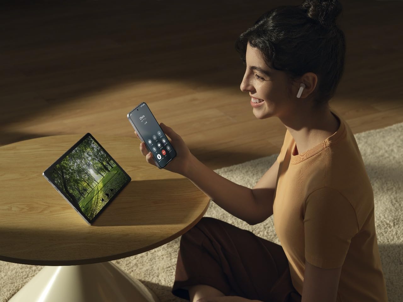Person wearing OPPO Enco Buds3 earbuds and interacting with a smartphone