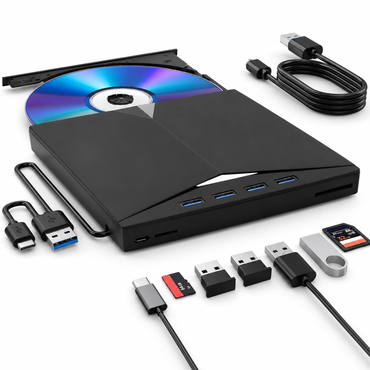 Lettore Blu-ray Esterno 7 in 1, Masterizzatore DVD CD, Hub USB 3.0 USB-C, 4 USB, SD TF, per PC Windows Mac