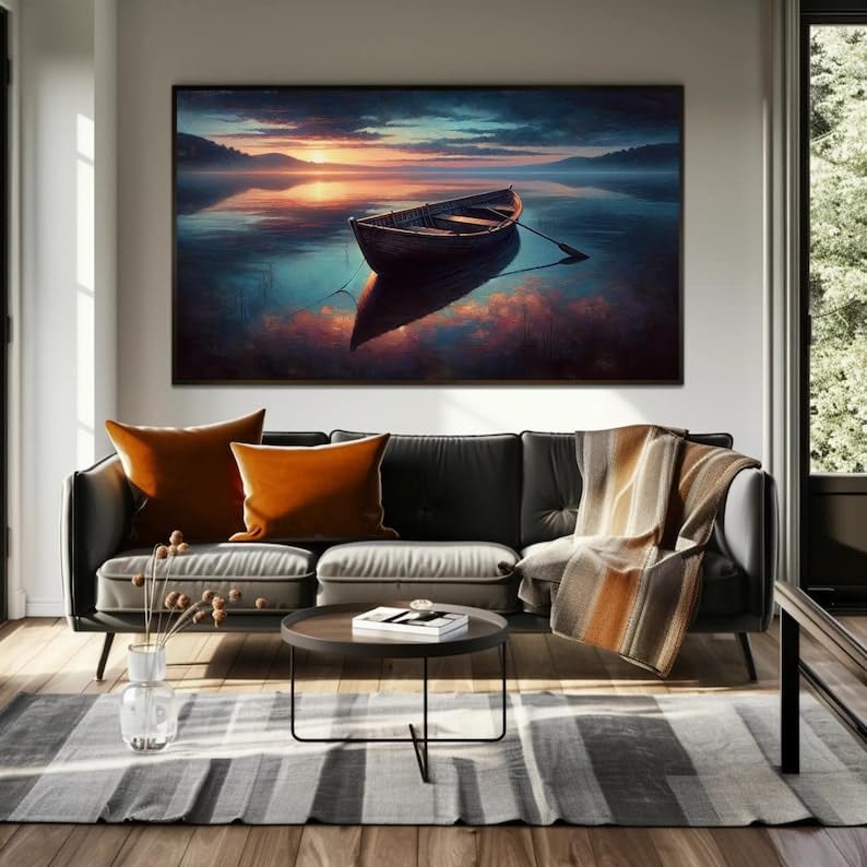 TONGYINLI Peinture murale « Maison au bord du lac », impression sur toile « Bateau rétro » - Décoration murale neutre pour salon, peinture à l'huile (80...