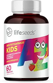 Multivitamínico AZ Kids - Vitaminas A, D, E, K, C, B1, B2, B3, B5, B6, B7, B9, B12, Cálcio, Cromo, Ferro, Magnésio, Selênio e Zinco - Sabor Morango - 60 Cápsulas Mastigáveis
