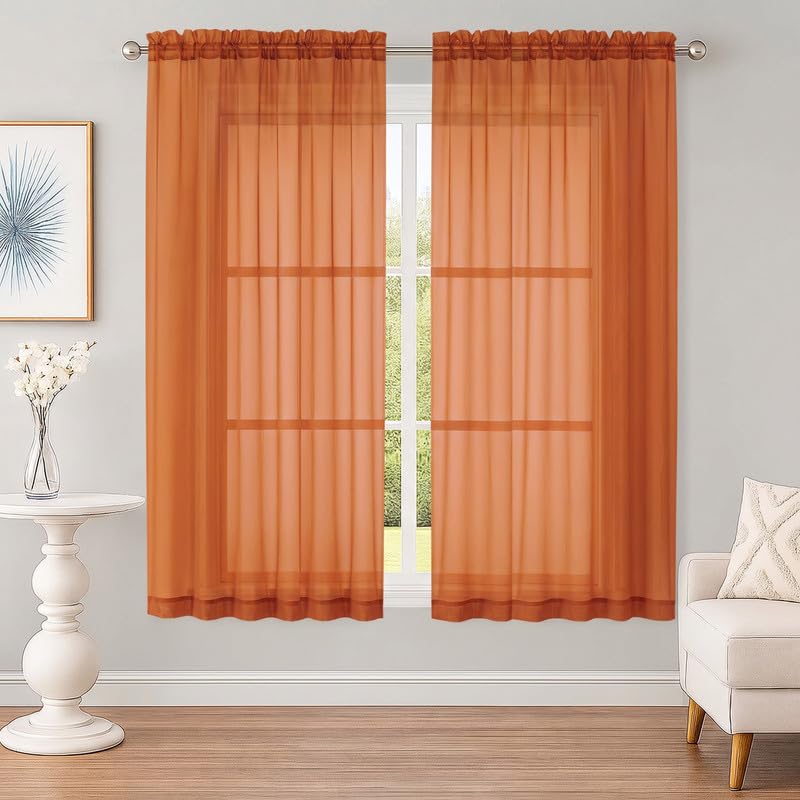 OWENIE Orange Sheer Curtains 63 Inch Long 2 Panels for Living Room 59" Wide