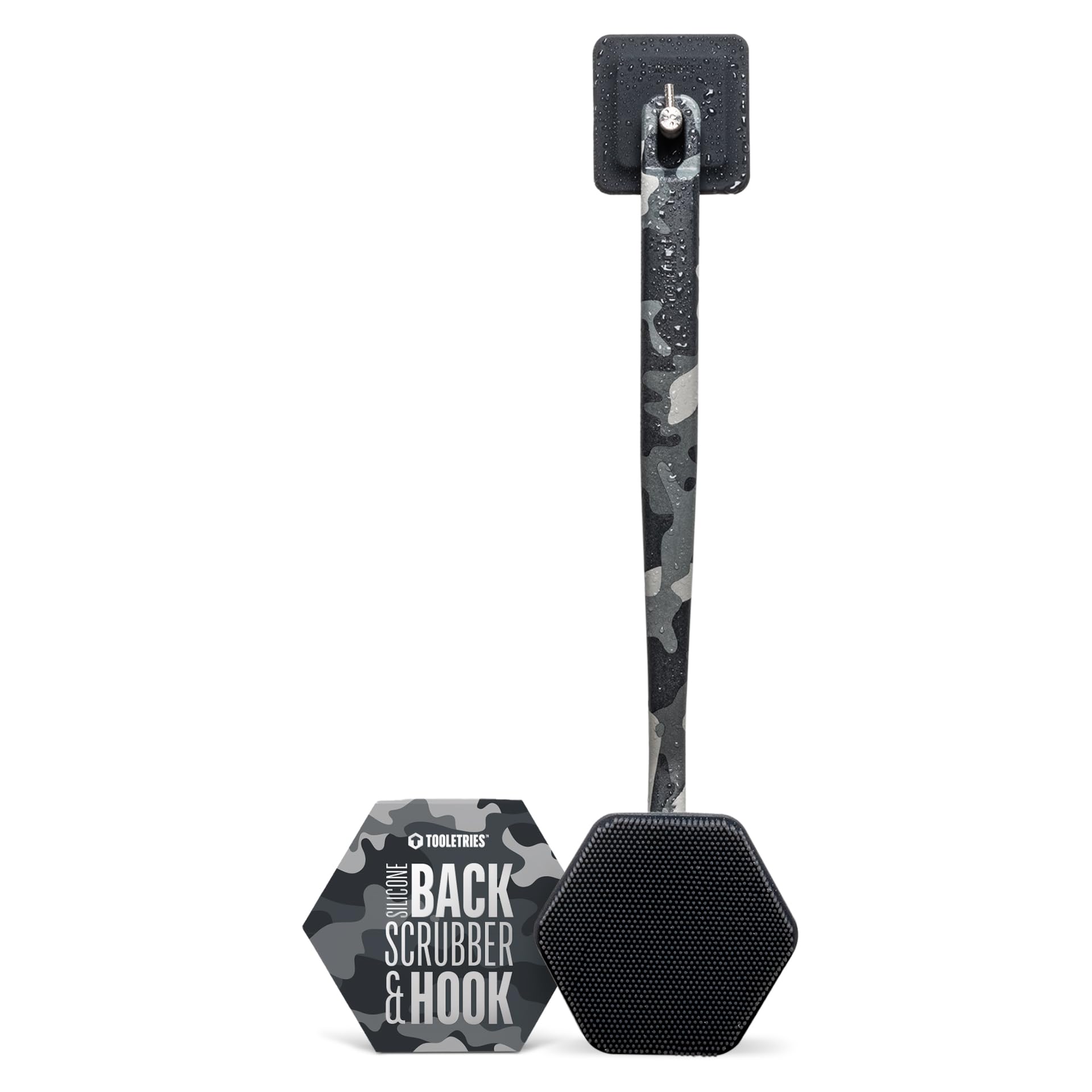 Tooletries Special Edition Camo Silicone Back Scrubber with Hook - Exfoliating Shower Brush, Back Washer for Men, Durable Back Brush with Long Handle - Long Lasting Bath & Shower Accessories