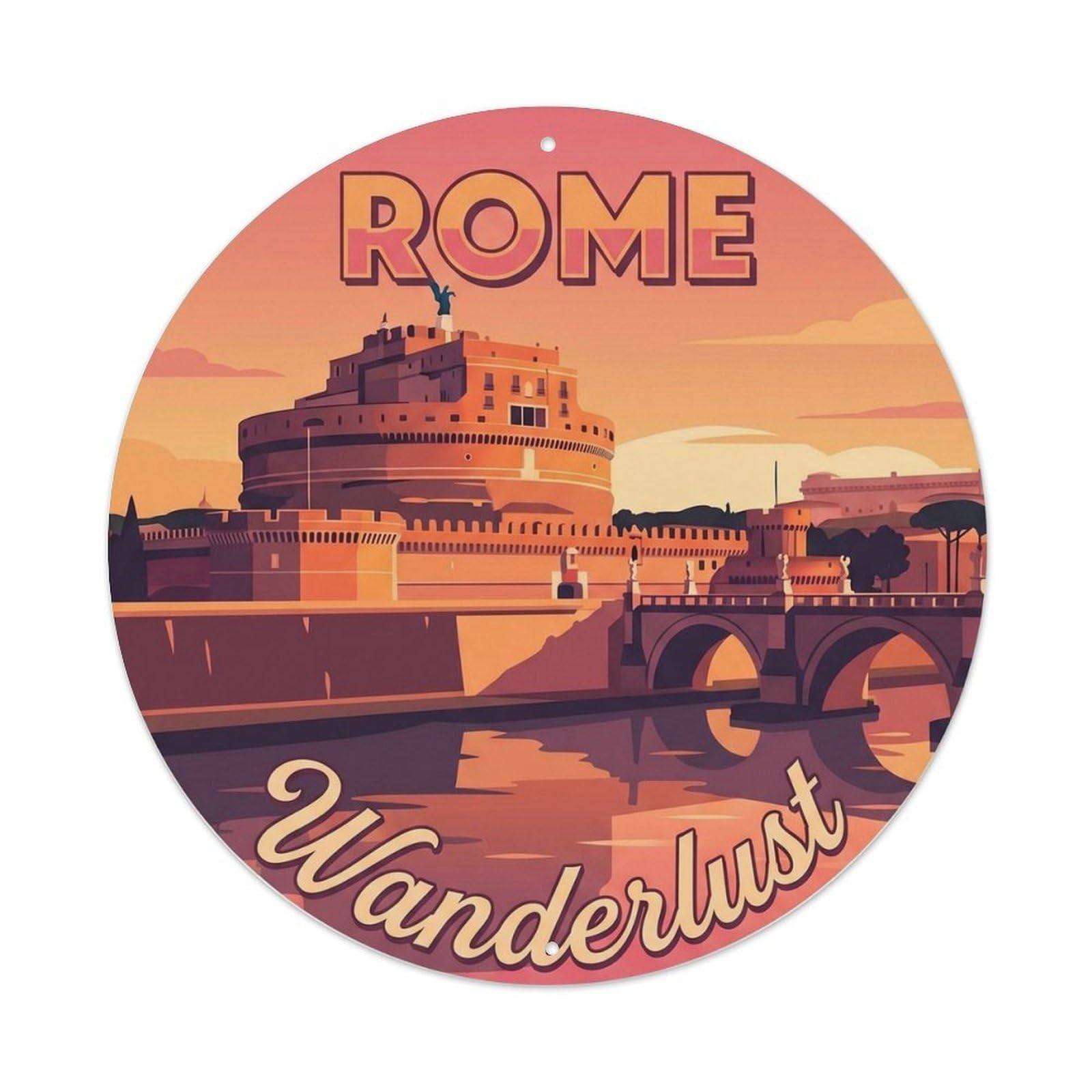 Rome European Castle Classic Europe Destination Heritage Metal Tin Sign Plaque Wall Decor for Cafe, Man Cave, Club Bar, Office, Home Garden Round Metal Poster 8x8Inch
