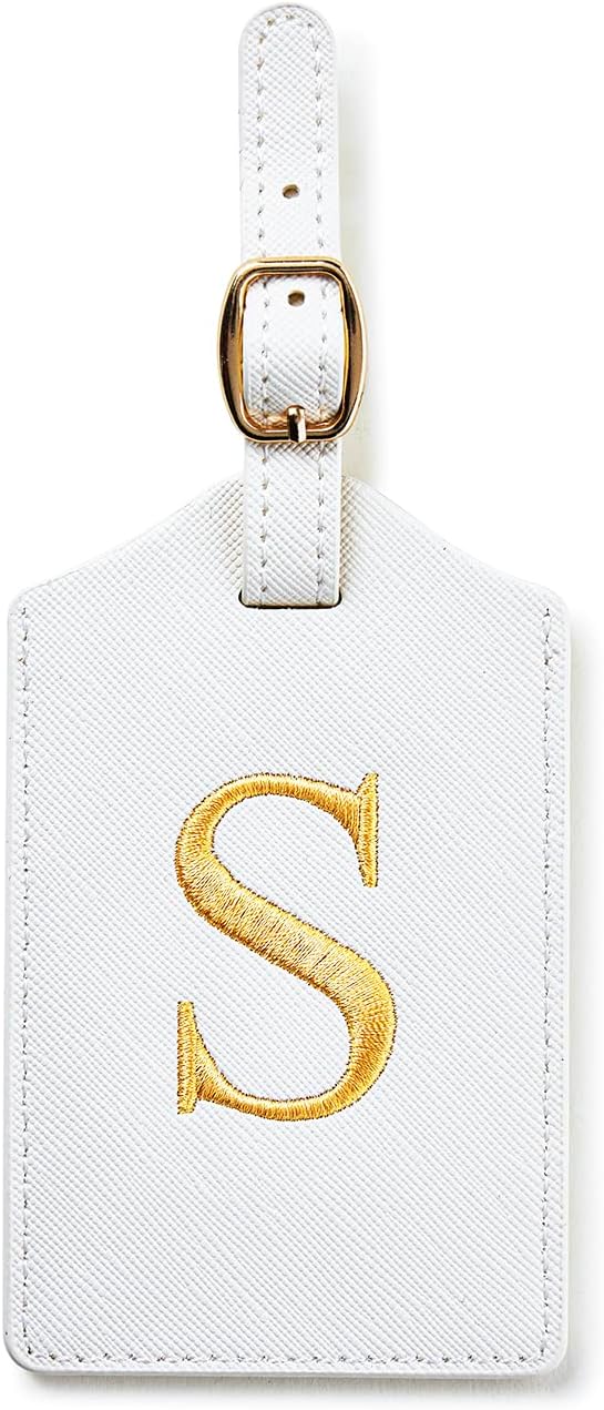 Initial Luggage Tag, PU Leather Luggage Tag, Embroidered Luggage Tag, Letter Luggage Tag, Monogrammed Luggage Tag, Luggage Tag for Baggage Bag Suitcase (S, White Leather+Gold Letter)