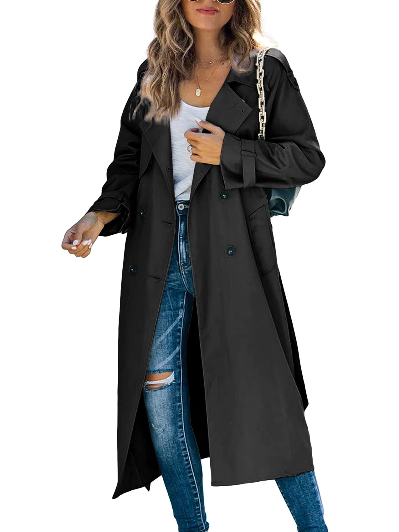Rose rosee Women's Double Breasted Long Trench Coat Windproof
