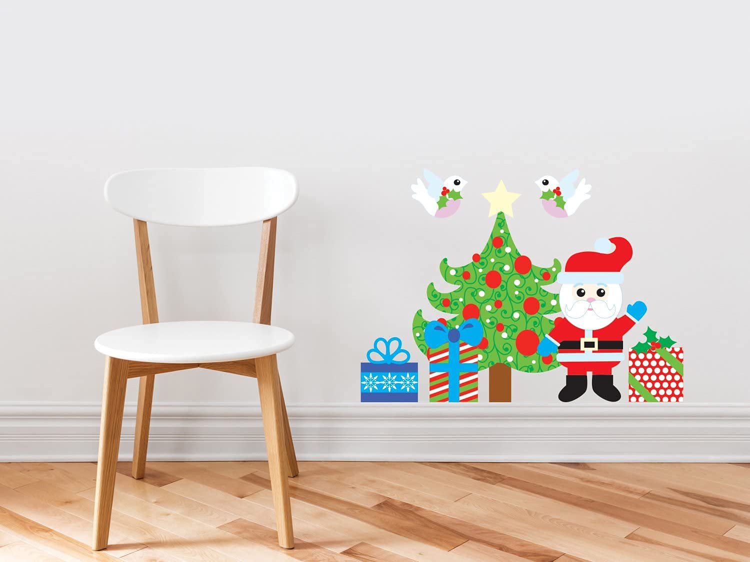 Christmas Tree Fabric Wall Decal with Santa, Three Presents, and Two Turtle Doves Repositionable and Reusable