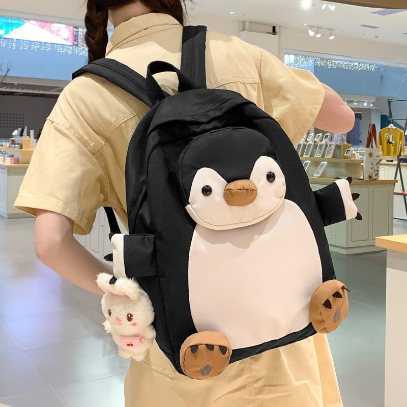 e-super Penguin Laptop Backpack Canvas Shoulder Bag Student School Bag Bookbag Travel Daypack with a Doll3