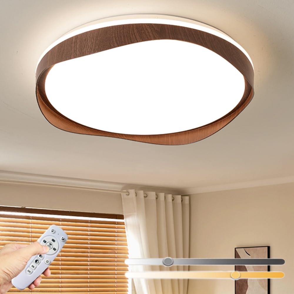 Dimmable LED 20 Inch 48W Color Ceiling Light,with Remote Control, 3000K-6500K,Round Wood Flush Mount Ceiling Light，Modern Wood Grain Lamp, Suitable for Entryway, Bedroom and Living Room.
