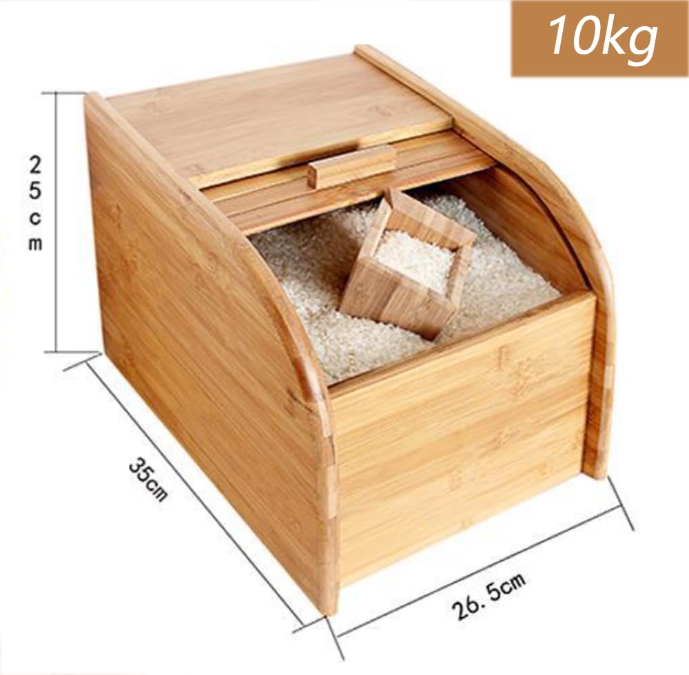 Contenitore in legno di bambù per riso con coperchio scorrevole e misurino, dispenser per cereali, cereali e pasta in cucina