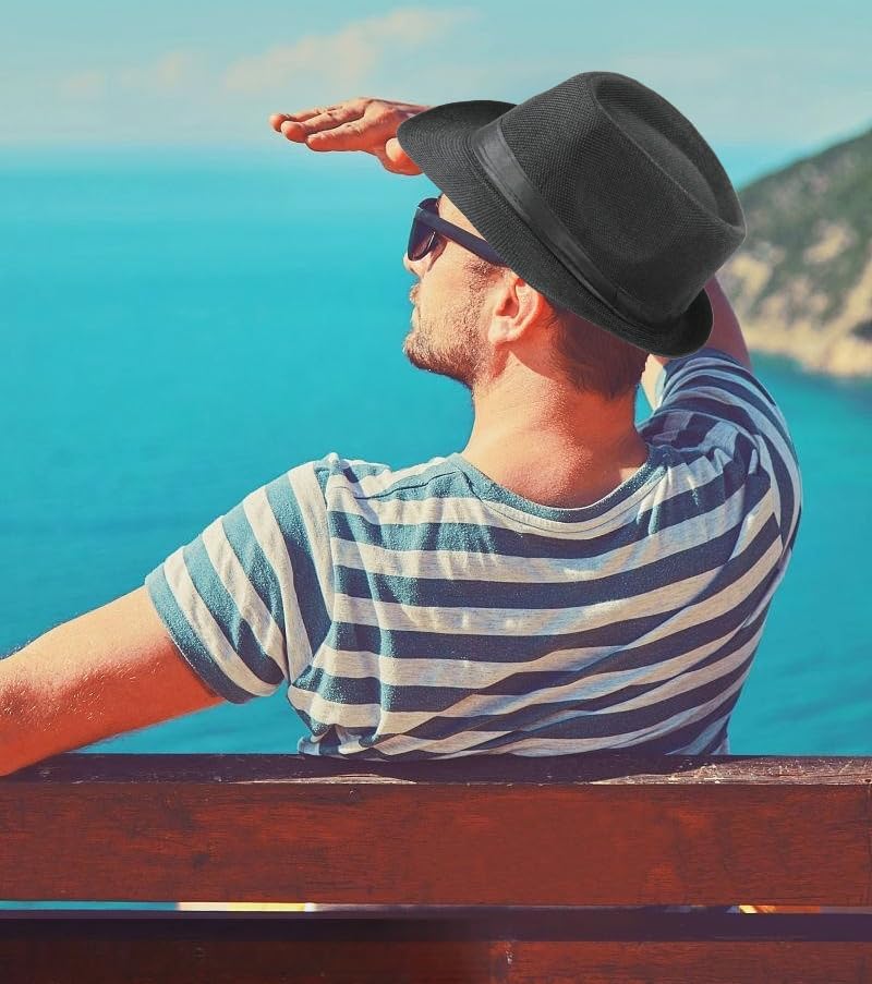 2 Pack Short Brim Fedora Classic 20s Trilby Panama Hats Summer Travel Cap for Men Women - Image 2