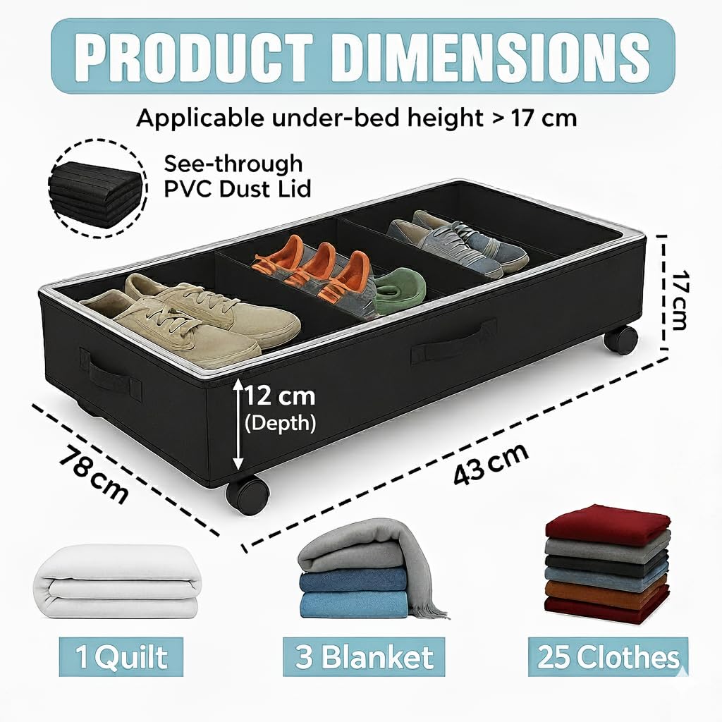 Confezione da 2 contenitori da mettere sotto il letto, con coperchio, 50 l, grandi contenitori portaoggetti con ruote in metallo, borsa portaoggetti con cerniera per vestiti, coperte