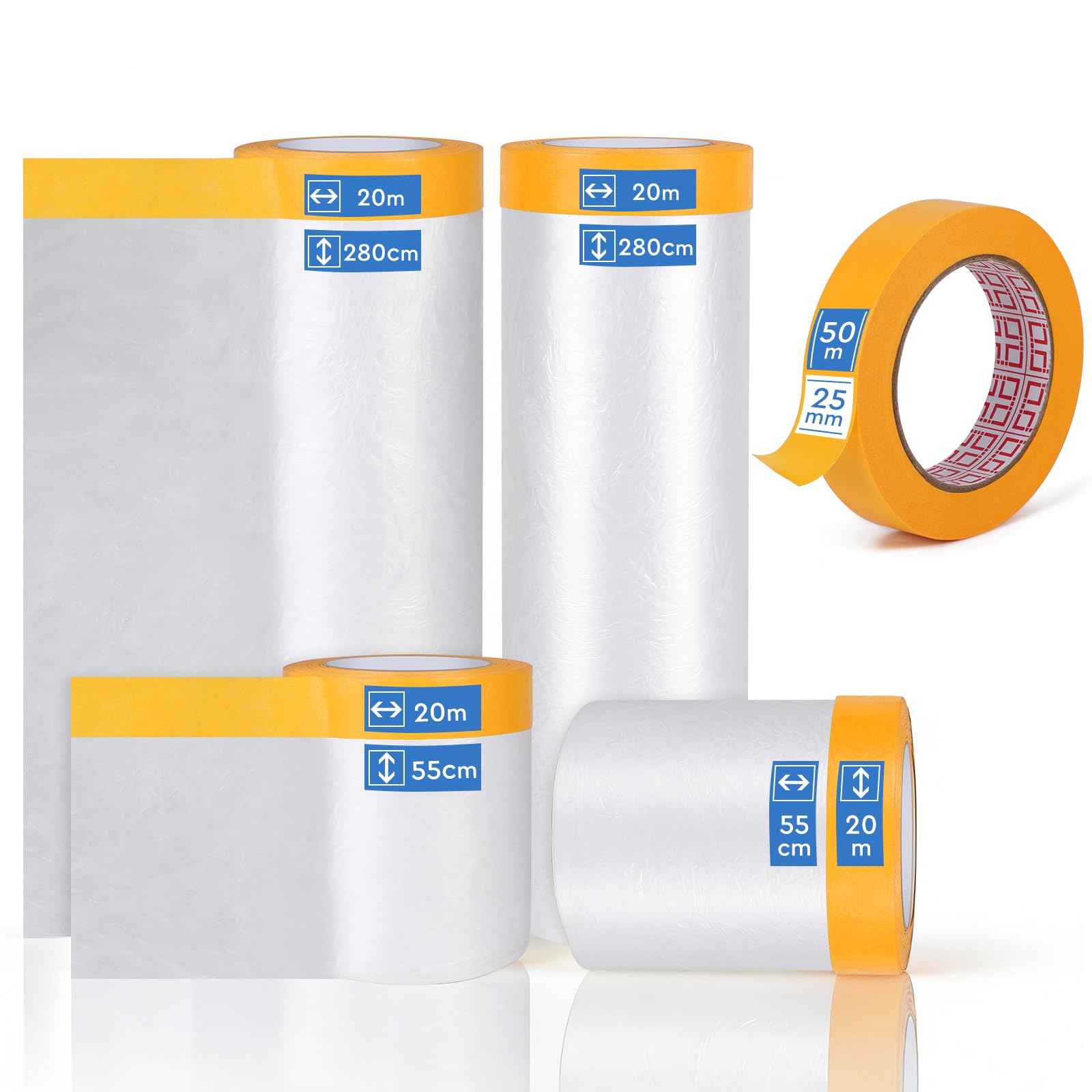 EFUTURETIME 4 rollos de Plástico Cubretodo con Cinta Adhesiva, Plástico Protector Muebles 280 cm x 20 m x 1, 150 cm x 20 m x 1, 55 cm x 20 m x 2 y 1 rollos de Cinta de Pintor 25 mm x 50 m - 2