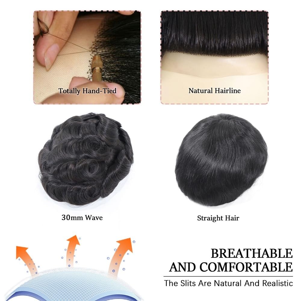 Tupé de pelo para hombres Tupé de cabello humano for hombre con encaje francés central PU alrededor del sistema reemplazo liso n.° 1B Sistema de cabello para hombres(7x10)