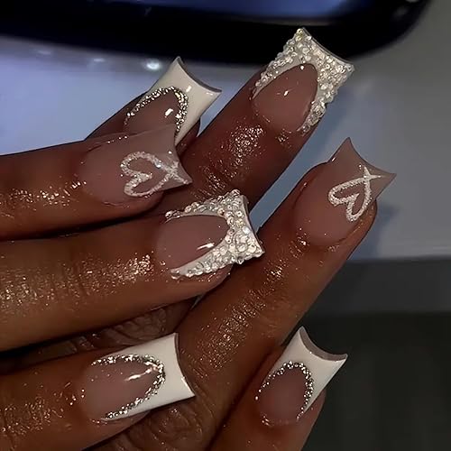 24Pcs Glitter French Tip Press on Nails Duck Fake Nails