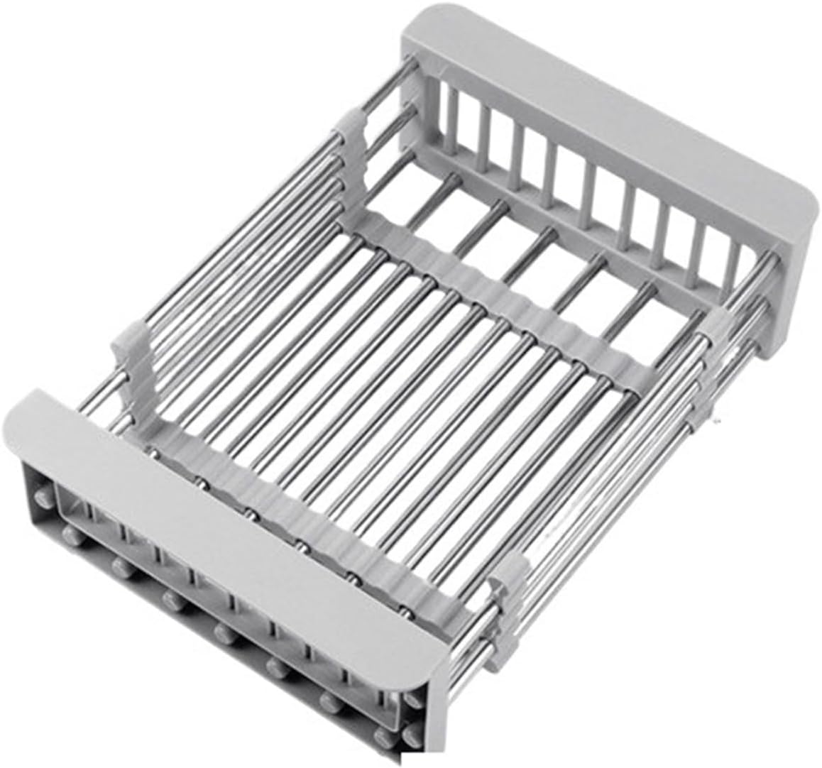C3 Adjustable Kitchen Stainless Steel Sink Rack Telescopic Sink Dish Rack Sink Holder Organizer Fruit Vegetable Washing Drainer(L Grey)
