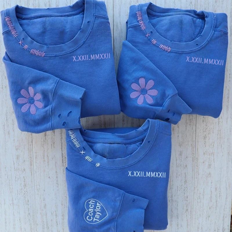 Custom Embroidered Hand Distressed Roman Numeral Sweatshirt Personalized Crew Neck Sweatshirt Design Your Own Text Pattern for Women Men Couple 6