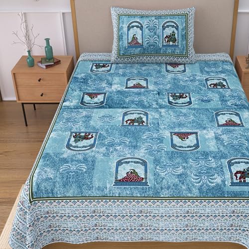 Image of 100% Cotton Single Bedsheet with 1 Pillow Cover | 240 TC Pure Cotton Flat Bed Sheet | Traditional Jaipuri Printed Bedding Set | Soft & Breathable | 60 x 90 Inch (Rangmahal Single 57)