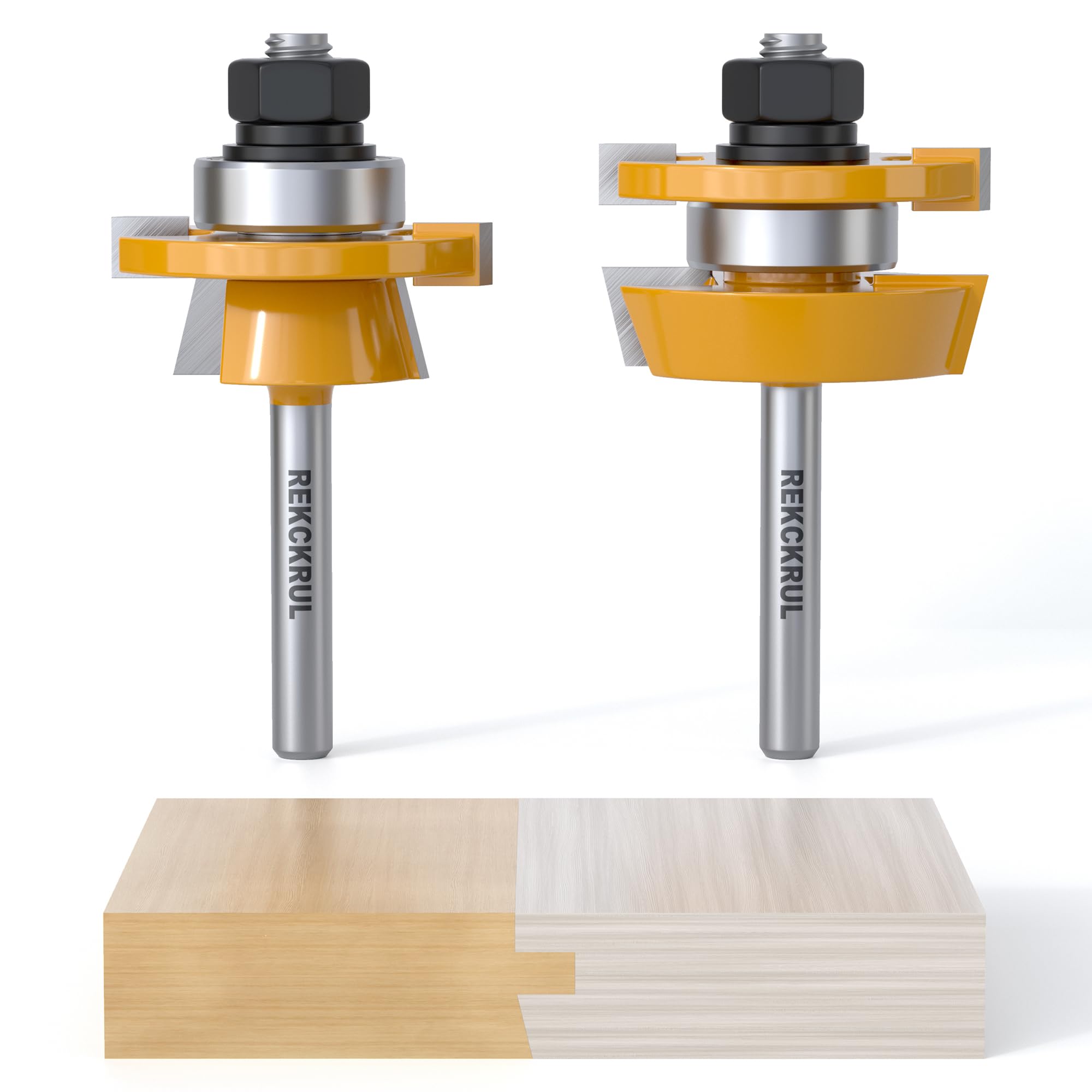 REKCKRUL 2PCS Bevel Shaker Rail and Stile Router Bit Set, 1/4 Inch Carbide-Tipped Cabinet Door Router Bit Set with Anti-Kickback Design (3/8 Inch