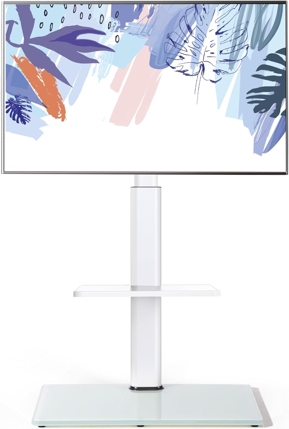 FITUEYES Universal TV Stand for 32 39 40 43 49 50 55 60 Inch TVs, TV Floor Stand with Swivel Mount, Max Holds 66lbs, White Glass Base, Height Adjustable, Perfect for Corner & Bedroom 32-60 inch wirh one shelf Ivory White
