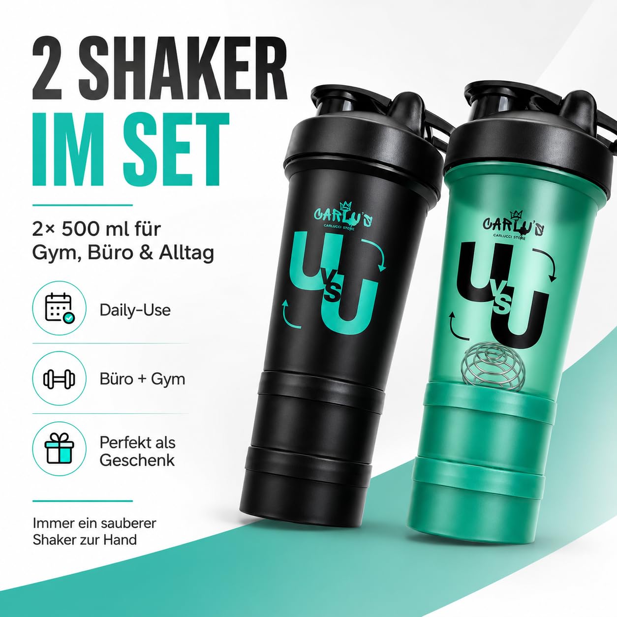 Carlu's Set di 2 shaker per proteine da 500 ml, 4 contenitori per polveri, 2 sfere di miscelazione in acciaio inox e 2 organizer per pillole, senza BPA, a prova di perdite, lavabile in lavastoviglie