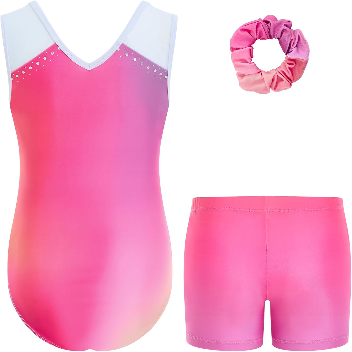 Gogokids Girls Gymnastics Leotard Set with Shorts, Sparkly Rhinestone Gradient Mesh Dance Outfit for Ballet Training 3-12Y - Image 2
