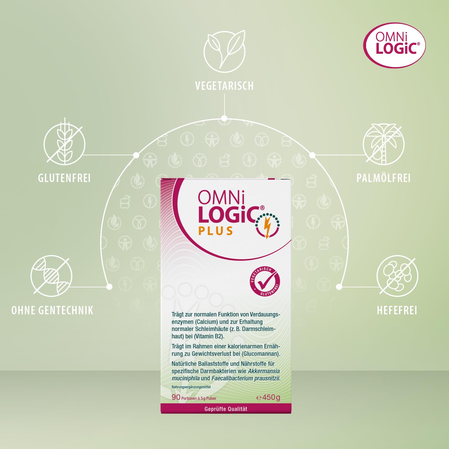 OMNi LOGiC PLUS | Natürliche Ballaststoffe und Nährstoffe für spezifische Darmbakterien | Mit Glucomannan | Pulver | Vegetarisch | Glutenfrei | 90 Portionen (450 g)