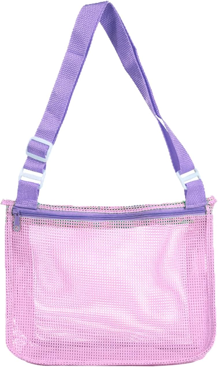 Mesh Beach Bag,Mesh Beach Bag, Shell Net Tote Folding Seaside Collection Sandbag,Swimming Pool Beach Accessories(Pink Purple Band)