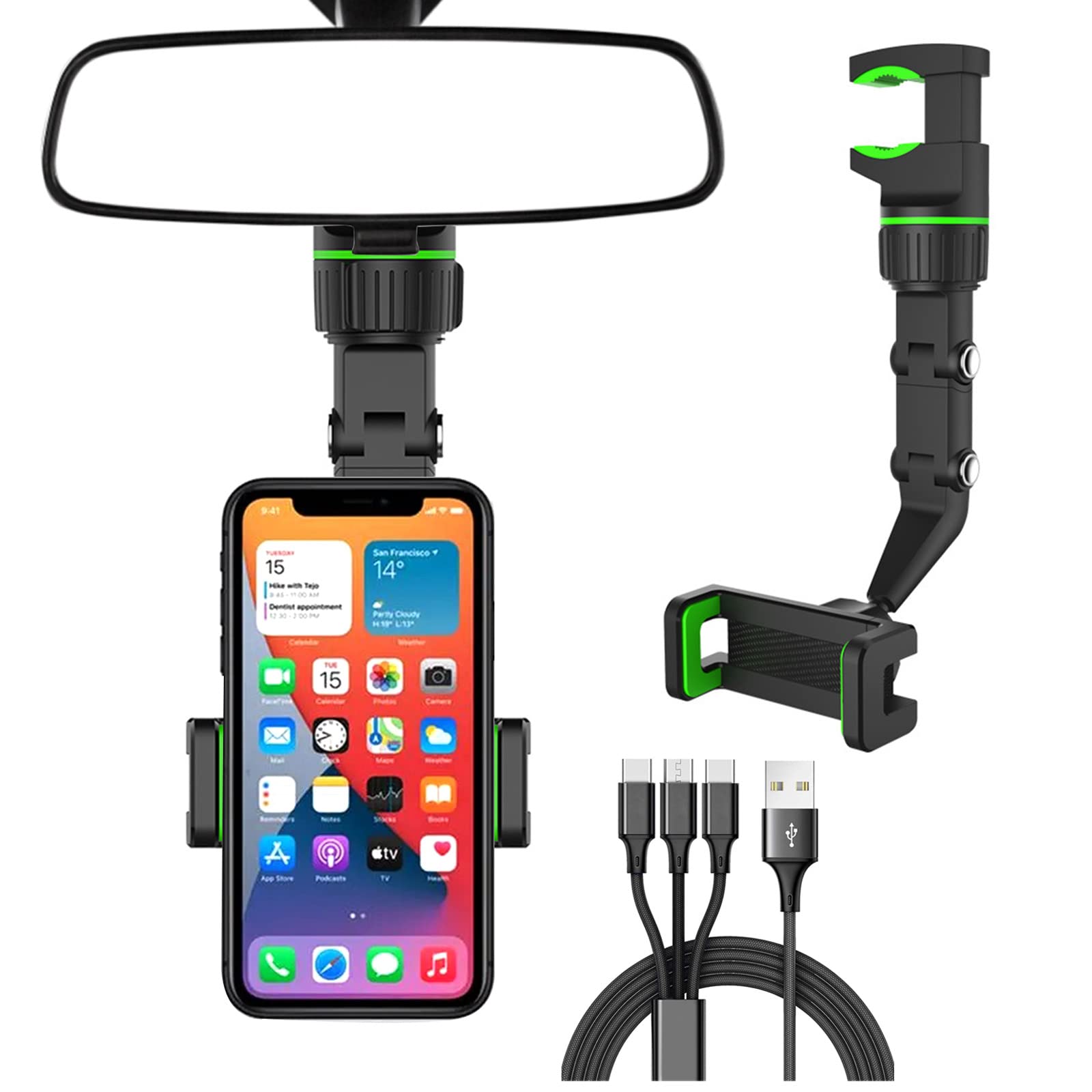 360° Rearview Mirror Phone Holder Multifunctional Car Smartphone Mount with 3 in 1 Data Cable Table Vehicle Seat Universal Phone Stand Compatible for iPhone 12/13 pro max Samsung A32 2022 Upgrade