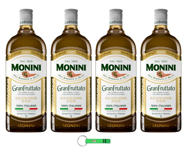 Monini GranFruttato - Aceite de oliva virgen extra (4 unidades, 100% italiano/Olio Extravergine di Oliva 1Lt + llavero Beni Culinari gratuito)