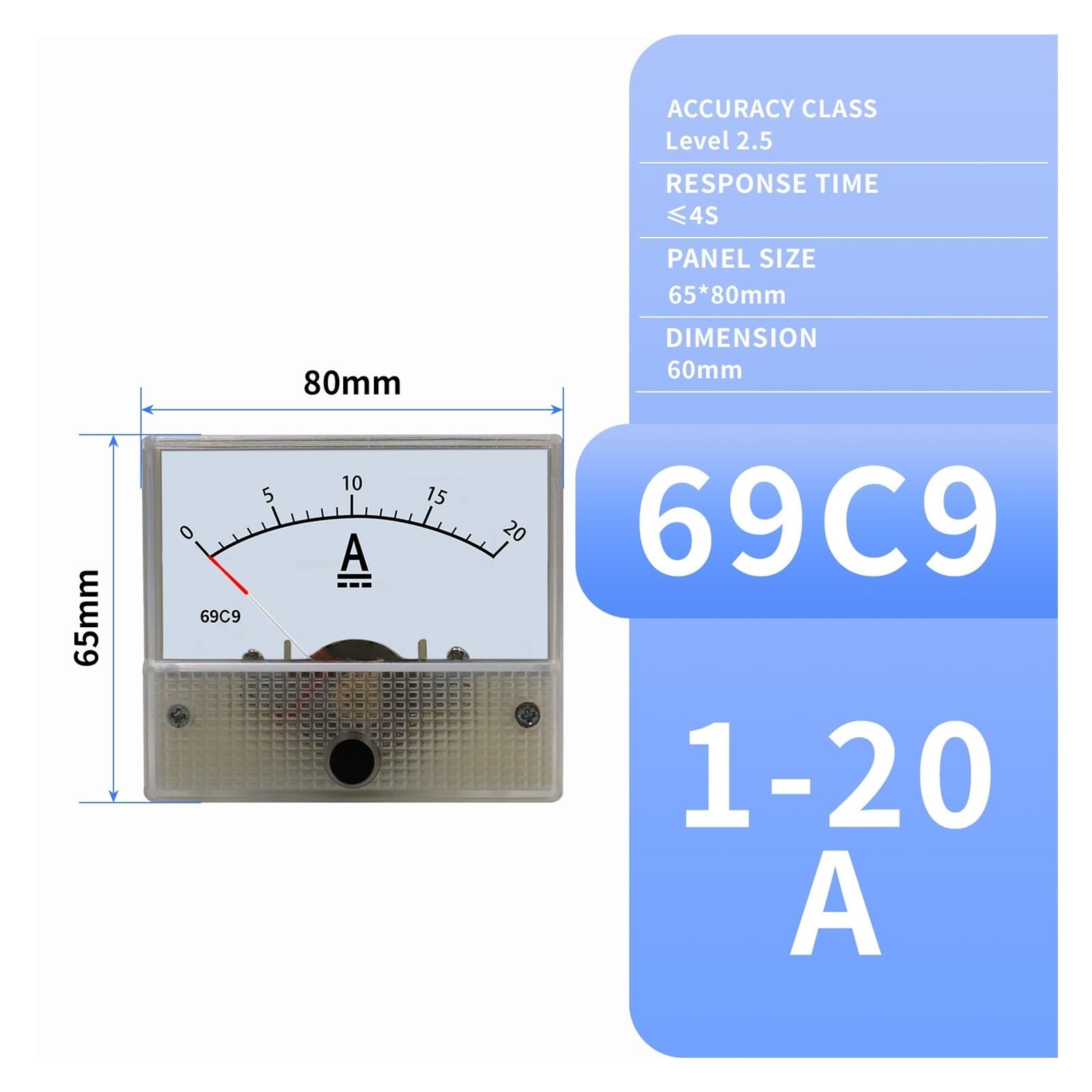 Instrumentos de panel de corriente analógica, Amperímetro con puntero analógico Medidor de panel Serie 69 Rango de corriente CC/CA 1A-50A Tamaño del panel 65x80 mm Agujero 60 mm(69C9 DC,15A)