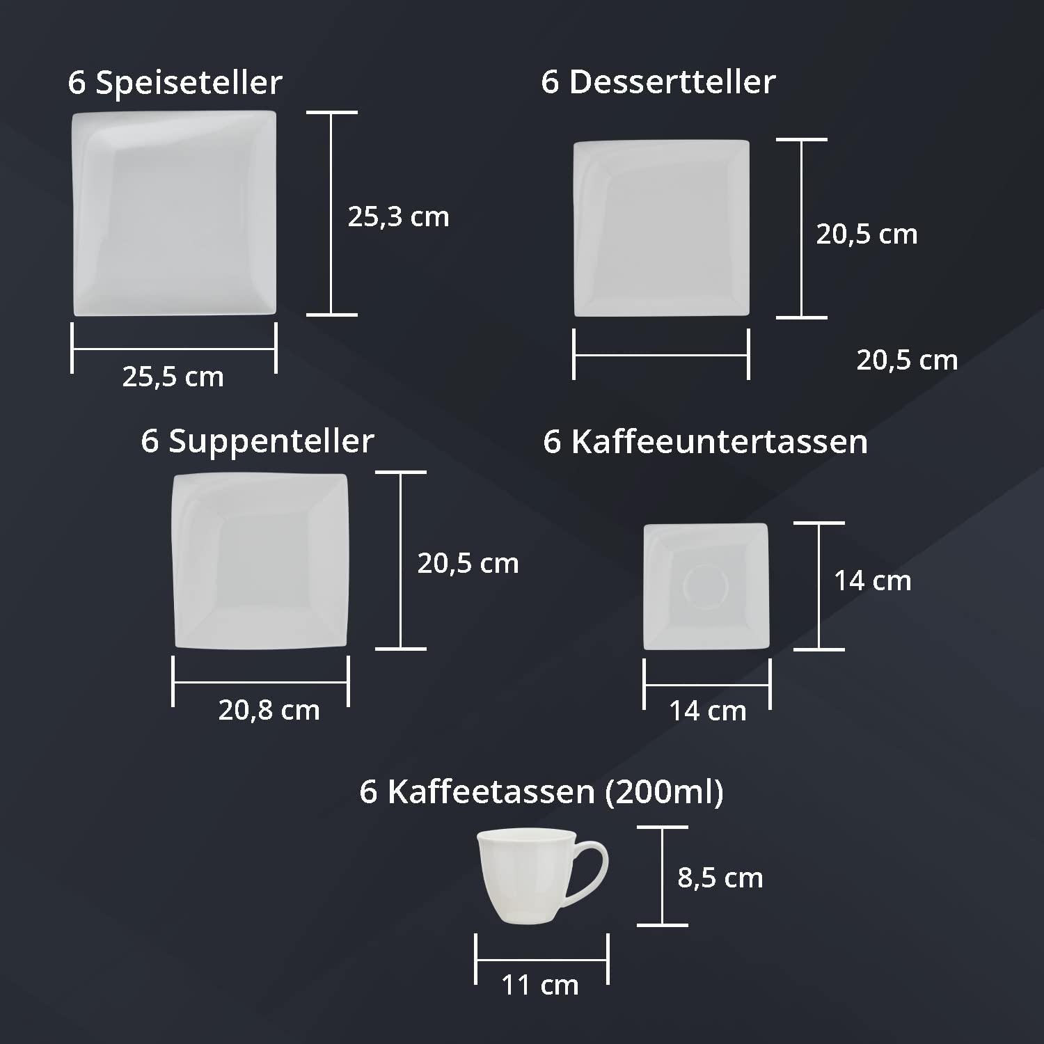 Peill+Putzler Germany, Kombiservice für 6 Personen Porzellan 30-teiliges eckiges Geschirrset weiß, geschwungenes Design 6xDessertteller 6xKaffeetassen 6xKaffeeuntertassen 6xSpeiseteller 6xSuppenteller