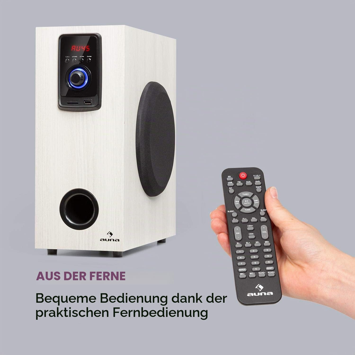 auna Areal Elegance 5.1 Soundsystem - Lautsprechersystem 5.1 Heimkinosystem mit 190 Watt RMS, Heimkino mit 5" Subwoofer, 5 x Satelliten-Lautsprecher (3"+5"), Bluetooth, USB/SD, helle Holzoptik